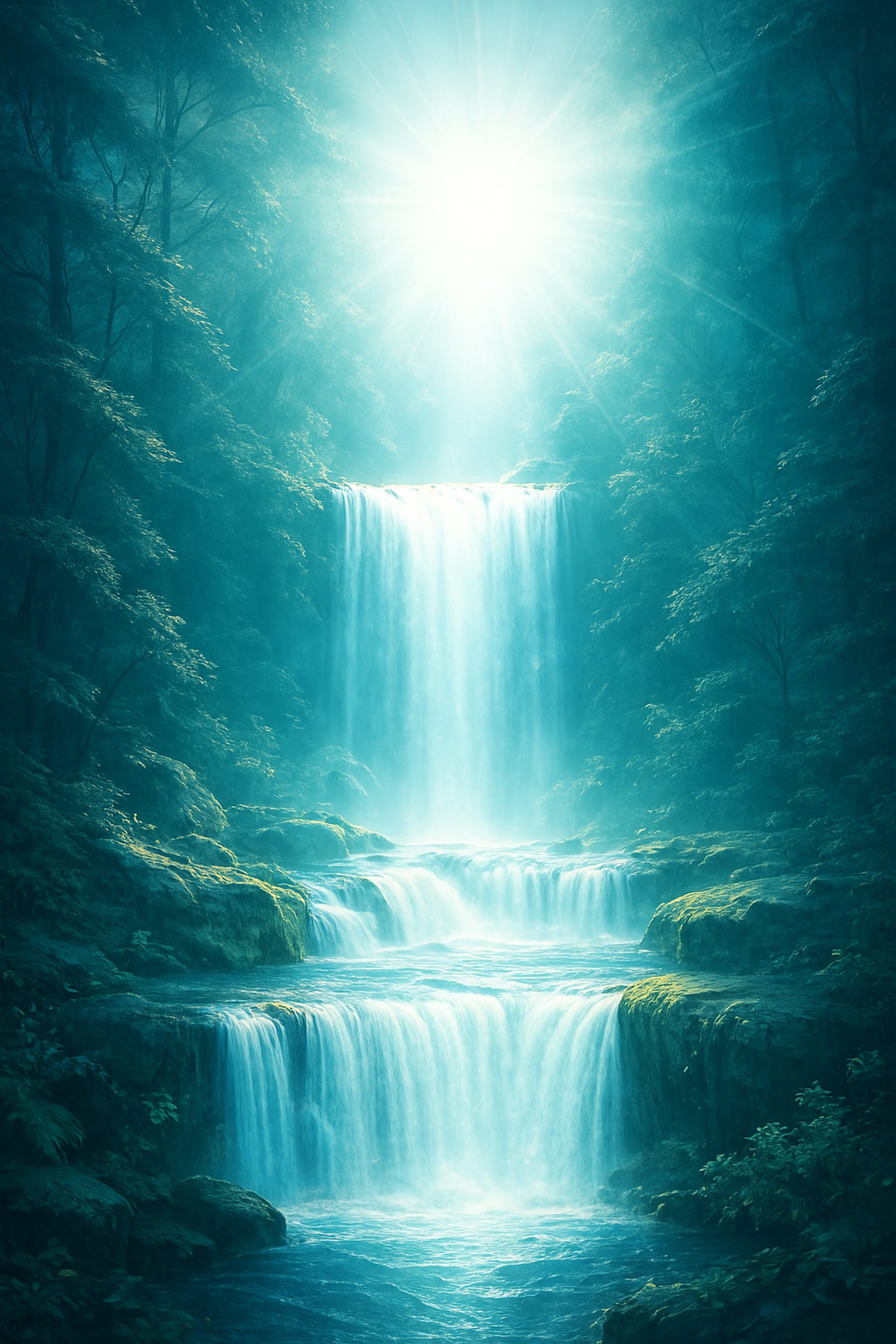 Wasserfall in bewaldeter Landschaft mit Lichtstrahlen
